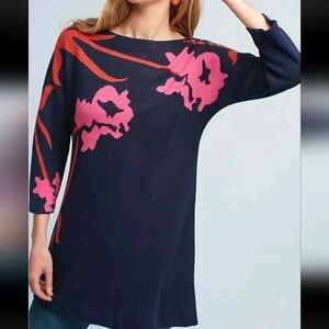Field Flower Anthropologie Floral Tunic Sweater Dress Blue XS Cotton Silk Knit